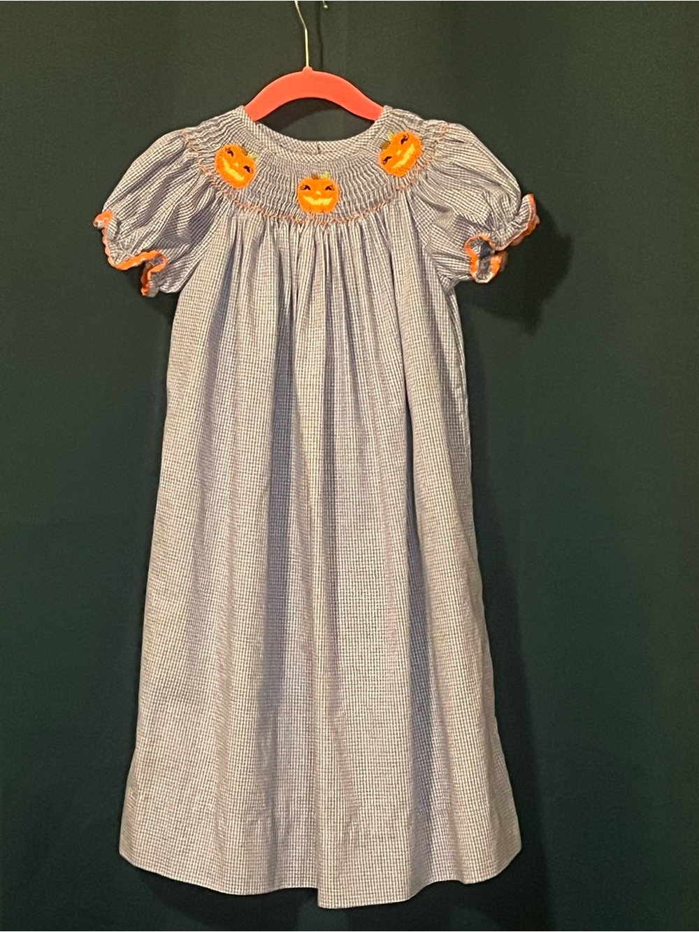 Blue Gingham Girls Smocked Pumpkin-Trim Dress